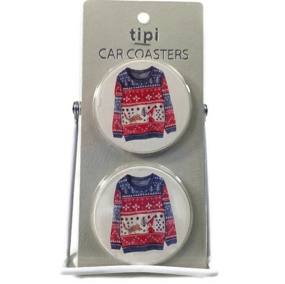UGLY CHRISTMAS SWEATER STONEWARE CAR COASTER SET-2 PIECE - Picture 2 of 5